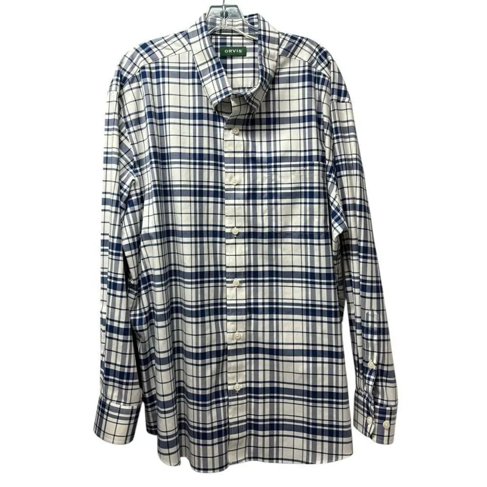 Orvis Long Sleeve Casual Button Down in Blue & White Plaid, Size XXL
